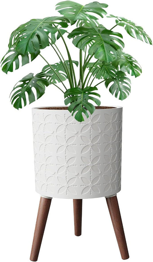 10 Inch Planters Pot with Stand, Planter for Indoor Plants, Modern Large Flower Planter Pot with Drainage Holes for Outdoor,Matte White