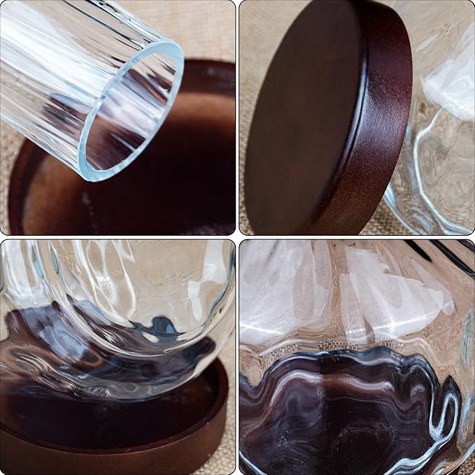 Decorative Glass Vase with Wooden Base, Modern Design for Fresh Flowers, Home and Office Decor