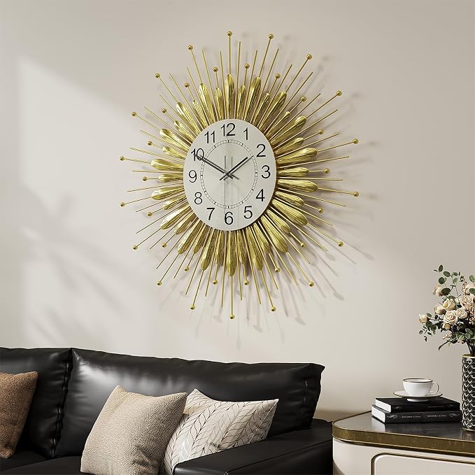 Cuspin 24 Inch Gold Wall Clock, Large Mid Century Modern Clock Sunburst Decorative Design, Silent Non Ticking Battery Operated Metal Wall Clock for Living Room, Bedroom, Kitchen, Office