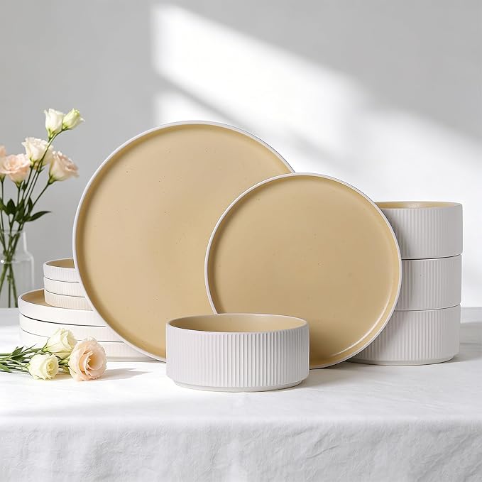 MONITO Ceramic Dinnerware Sets for 4, 12PCS Stoneware Plates and Bowls Sets, Reactive Glaze Dish Set, Chip and Scratch Resistant Double, Microwave and Dishwasher Safe, White Orange
