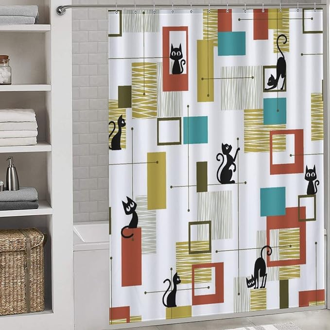 Mid Century Shower Curtain for Bathroom, Modern Black Cat Abstract Atomic Geometric Pattern Lovely Kittey Retro 1950s 1960s Waterproof Fabric Shower Curtain Set with Hooks,72"x72" Inch