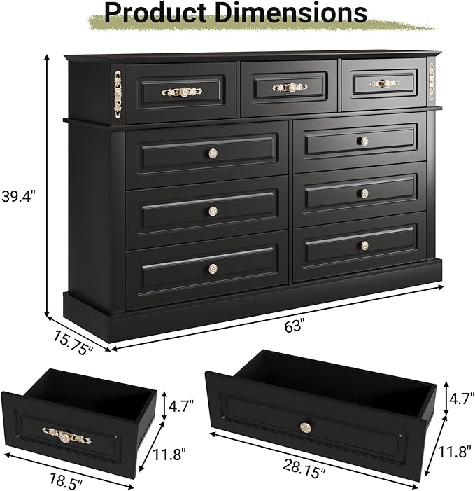 63Wx39H Large Dresser Black,9 Drawers Dresser for Bedroom, Retro Chest of Drawers with Gold Knobs, Wooden Storage Dressers, Bedroom Storage Organizer for Closet, Living Room, Hallway