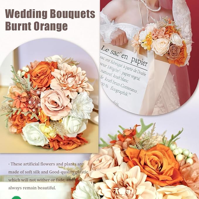 Wedding Bouquets for Bride Bridesmaid,Terracotta Burnt Orange Bouquet Artificial Fake Silk Roses Flowers Bridal Bouquet for Wedding Fall Boho Rustic Church Decoration Toss Bouquet (8.6in(M))