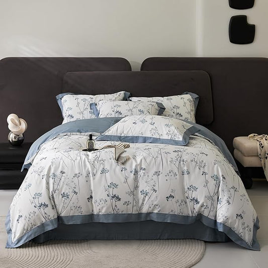 Blue Floral Duvet Cover Full Girl Soft Cotton Flowers Bedding Set with 2 Pillowcases Vintage White Blue Botanical Bedding Duvet Cover Sets for Full Bed,Chic Shabby Bedding,All Season