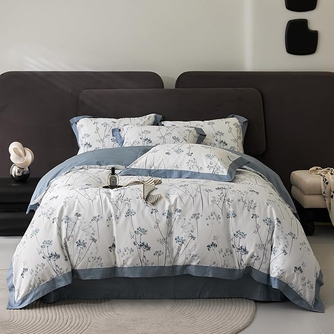 HighBuy Garden Blue Floral Duvet Cover Queen Floral Bedding Comforter Cover Queen Set Luxury Soft Boho Flowers Printed Cozy for Women Men Cottagecore Botanical Floral Bedding Sets Queen All Season