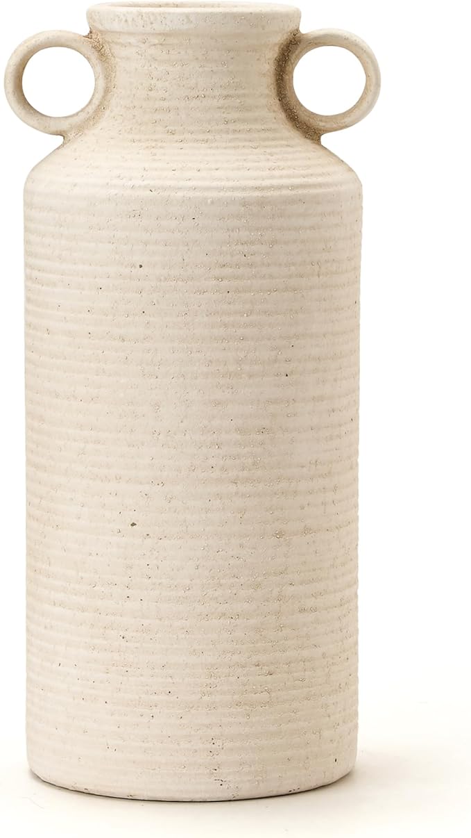 Ceramic Rustic Vase with 2 Round Handles, Antique Farmhouse Flower Vase, Vintage Terracotta Vases for Home Decor, Wedding, Living Room, Table, Shelf Decor - 10.2 Inch Tall, White