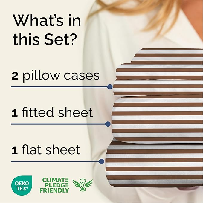 Striped Sheets - Brown Striped Sheets - 1 Flat & 1 Fitted & 2 Pillowcases w/ Deep Pockets – Comfy, Wrinkle & Fade Free - Ultra-Soft, Breathable & Cooling – Luxury Pinstripe Bedding - Full Size Bed Set