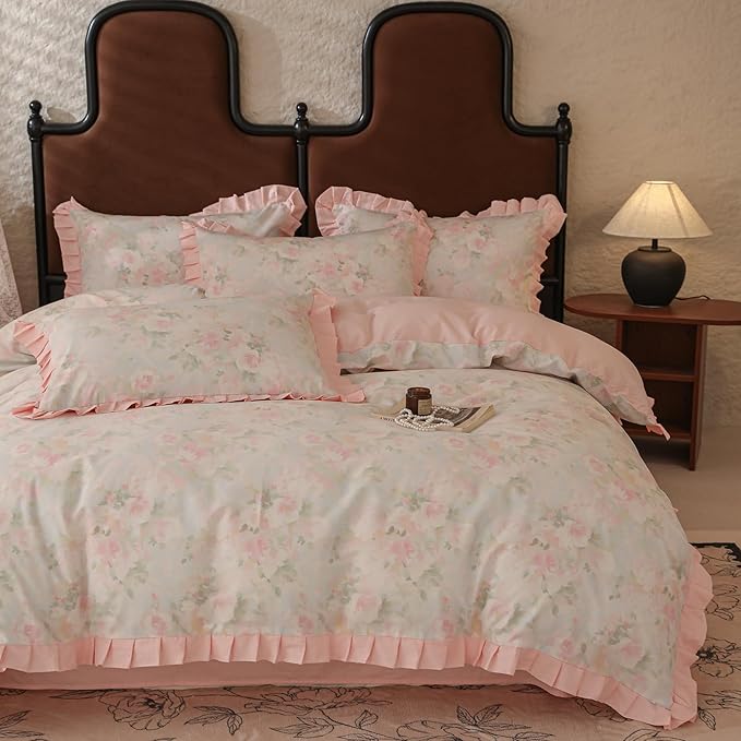 LifeTB Girls Duvet Cover Pink Ruffle Duvet Cover Twin Vintage Flower Bedding Set 100% Cotton Romantic Lace Comforter Cover Princess Bedding Botanical Flower Comforter Cover Aesthetic Lace Bedding Set