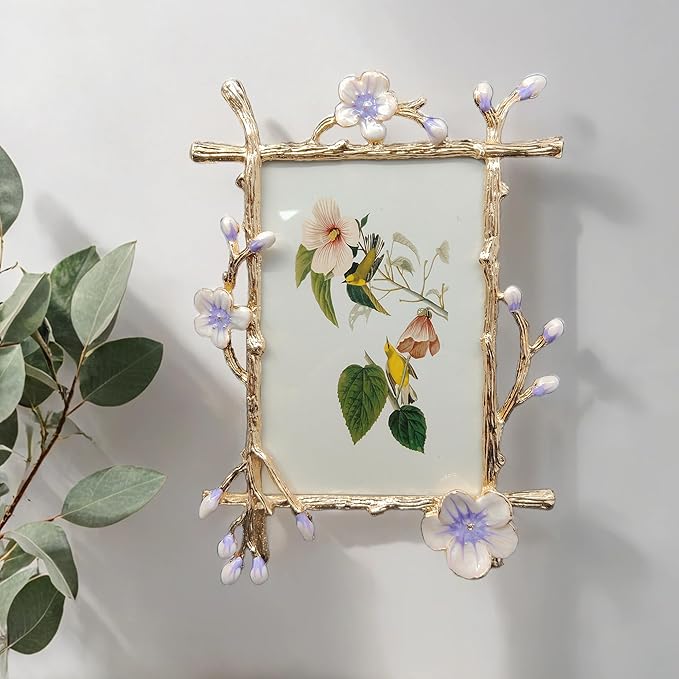 Vintage 4X6 Purple Picture Frame with Enamel Finis Glass Front - Ornate Antique Metal Flowers Photo Frame Tabletop/Wall Display Bedroom, Anniversary, Wedding Decorations and Gifts