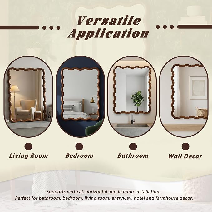 Elountik Wavy Rectangle Solid Wood Decorative Mirror, 30x40 Inches, Black Walnut Frame for Living Room, Bedroom, Bathroom & Entryway Wall Décor