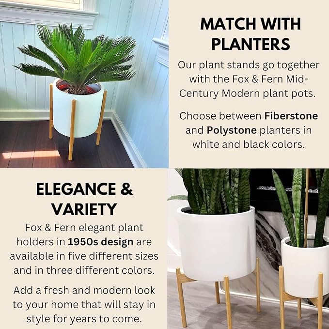 Fox & Fern Bamboo Plant Stand — 11.8 Inch Fixed Size Wooden Mid Century Planter Stand for Indoor Planters (Not Included) - Large Flower Pot Holder for Indoor Big Pots - Plug In Design - Bamboo