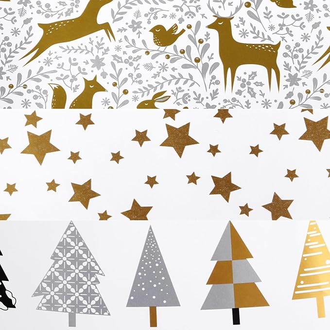 Miss DuiDui Christmas Gift Wrapping Paper, 3 Rolls, 17 inch x 9.8 feet, Gold Stars Animals Trees Xmas Design for Christmas, Party, Kids Boys Girls, Baby Shower, Holiday