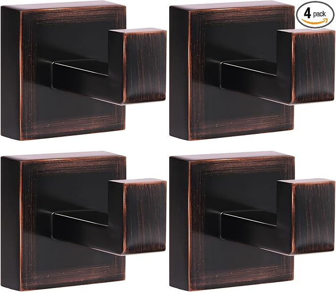 IBosins 4 Pack Towel Hooks Hand Towel Holder for Bathroom Wall Livingroom Bedroom Kitchen Closet Heavy Duty Stainless Steel Hook Hanger for Robe, Bath Towel, Coat (Square Brushed Red Antique Bronze)