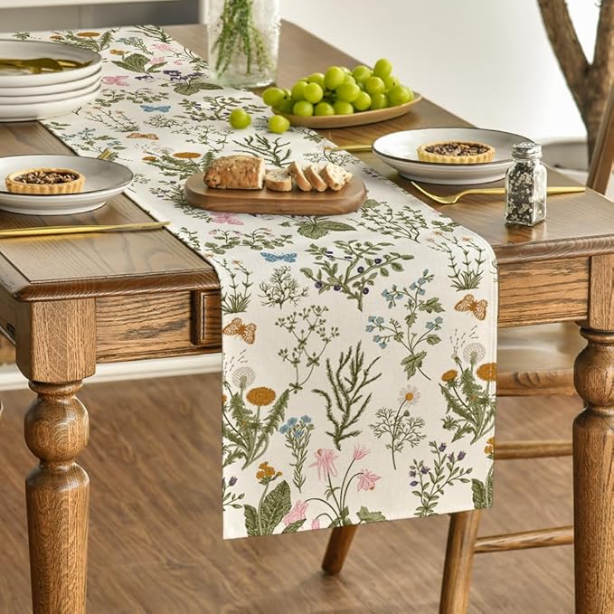 Artoid Mode Wildflowers Floral Spring Table Runner, Butterfly Seasonal Summer Kitchen Dining Table Decoration for Home Party Decor 13x120 Inch