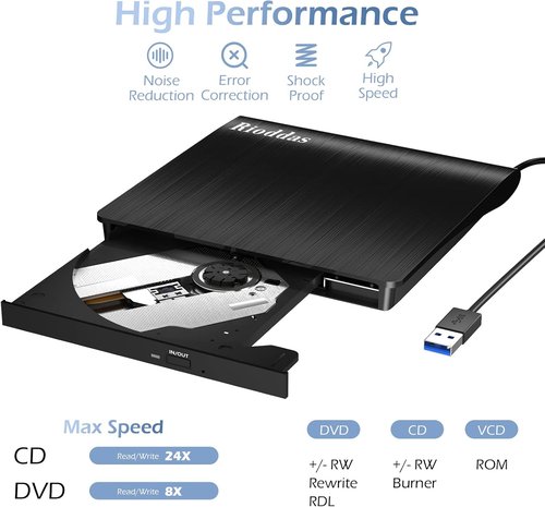 Rioddas External CD/DVD Drive - USB 3.0 Portable Burner & Reader for Laptop/Desktop | Compatible with Windows & Mac
