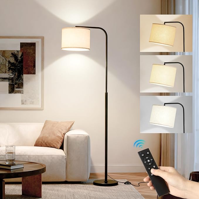 Floor Lamp for Living Room and Bedroom - Modern Standing Lamps Tall with Dimmable LED Bulb and Remote Control - Black Stand Arc Light With Shade for Reading Home Decor Corner and office（Black）
