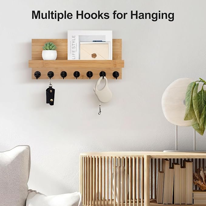 Lwenki Key Holder Wall Mount, Entryway Key and Mail Holder with 7 Sturdy Hooks for Sunglasses, Dog Leash, Decorative Wall Shelf with Mounting Hardware, 15”W x 6.7”H x 4.2”D