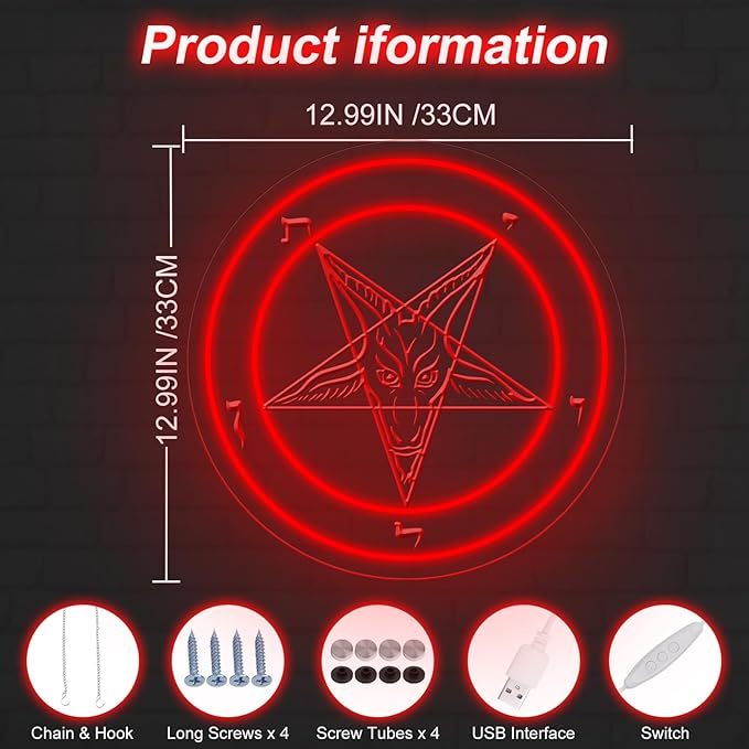Pentagram Baphomet Satan Neon Sign, Gothic Baphomet Neon Light, Black Goat LED Sign, Gothic Home Decor Sign for Halloween Wall Art, 3D Engraved Neon Sign For Dorm College Party Christmas Gifts
