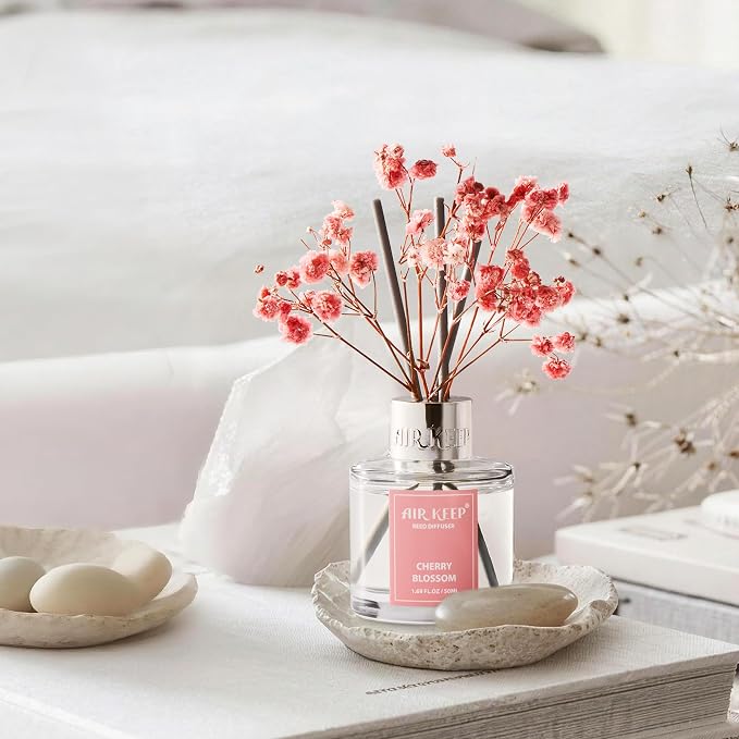Airkeep Reed Diffuser Set,1.69 fl oz (50 ml) - Cherry Blossom Oil Diffusers with 8 Reed Sticks,Home Fragrance Reed Diffuser for Bathroom Shelf Decor