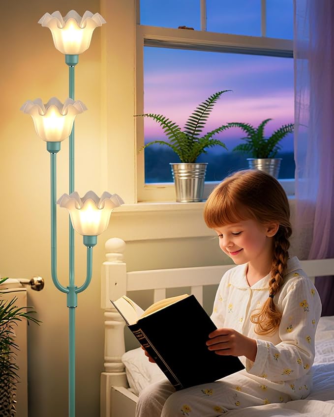 66 Inch Flower Green Floor Lamp for Living Room Bedroom Office, 3-Light Mid Century Standing Lamp with 3000K Warm White LED Bulbs, Vintage Floral Lamp with Heavy Stable Base & Foot Switch