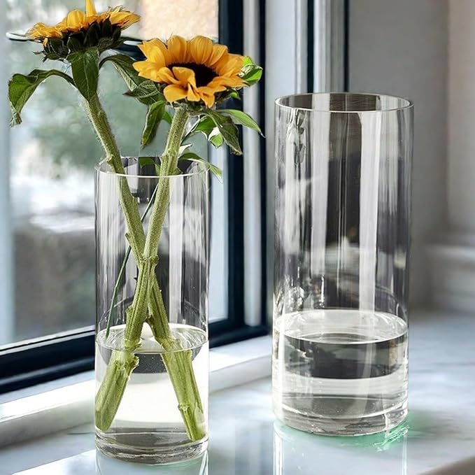 4 Pcs Acrylic Clear Cylinder Flower Vase for Plants Bouquet, Unbreakable Hurricane Tall Large Plastic Vases for Wedding Decor, High Hydroponic Floor Vase (H 10" + H 12" 2 Each No Flowers)