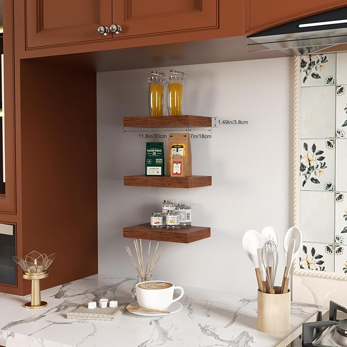 Floating Shelves, Walnut-Like Wooden Set of 3 Wall Mounted Bathroom Shelves Over Toilet, Modern Small Hanging Shelves for Bedroom Living Room Kitchen Rustic Home Decor, 12" x 7" x 1.5"