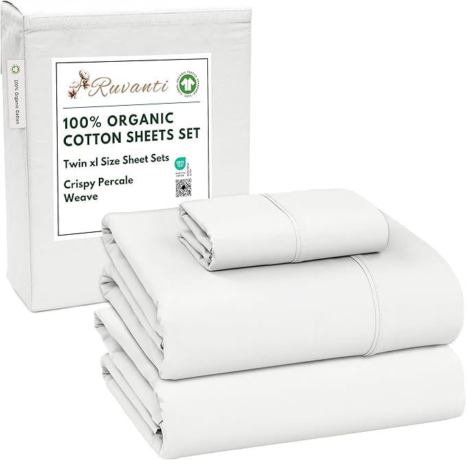 RUVANTI 100% Organic Cotton Sheets Twin XL, Percale Weave, GOTS Certified, 3-Piece Set, Deep Pocket 15", Crisp & Breathable, Soft Durable Bedding, Sábanas Algodón Orgánico – Bit of Blue