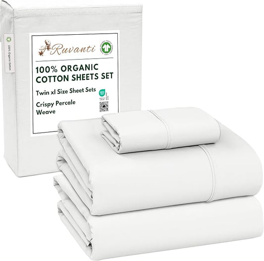 RUVANTI 100% Organic Cotton Sheets Twin XL, Percale Weave, GOTS Certified, 3-Piece Set, Deep Pocket 15", Crisp & Breathable, Soft Durable Bedding, Sábanas Algodón Orgánico – Bit of Blue