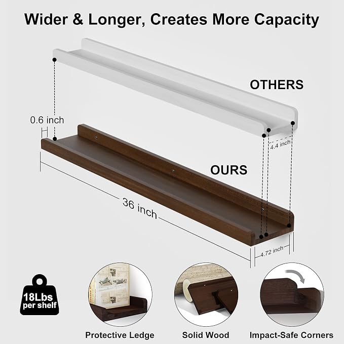 Love-KANKEI 36 Inch Long Floating Shelves Wall Mounted Set of 2, Large Wood Wall Shelves for Storage, Rustic Hanging Shelves for Display,Bedroom Living Room Bathroom Kitchen Office Dark Walnut