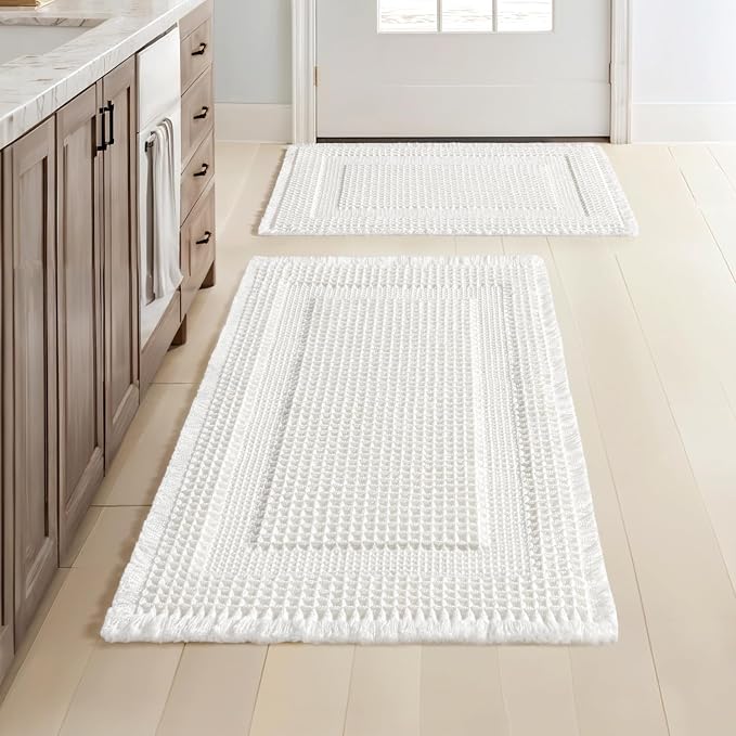 MIULEE Set of 2 Waffle Bathroom Rugs, Boho Bath Rug Super Absorbent, Non Slip Washable Ultra Soft Rubber Backed Shower Bath Mats for Floor, Tub, Shower, Looped Design, White, 17"x24"+18"x30"