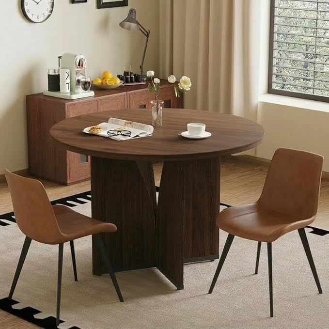HIPIHOM Modern Round Dining Table Set for 2, 39.4" Walnut Kitchen Table with 2 PU Leather Chairs, 3-Piece Mid-Century Dining Room Set for Small Spaces, Pedestal Base & Ergonomic Padded Chairs