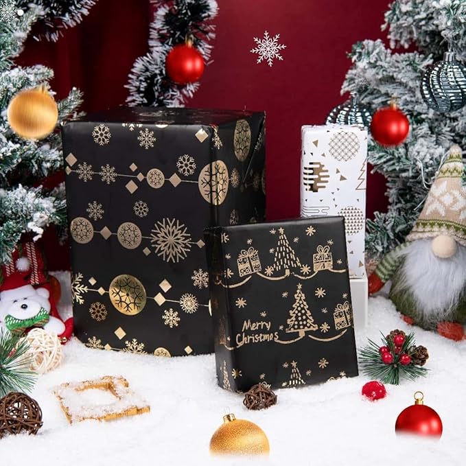 Linnoptimix Christmas Wrapping Paper Rolls -3 LARGE ROLL-27inch*78 inch per roll Colorful Foil (Christmas 2 Black/Gold + 1 White/Gold（003）)