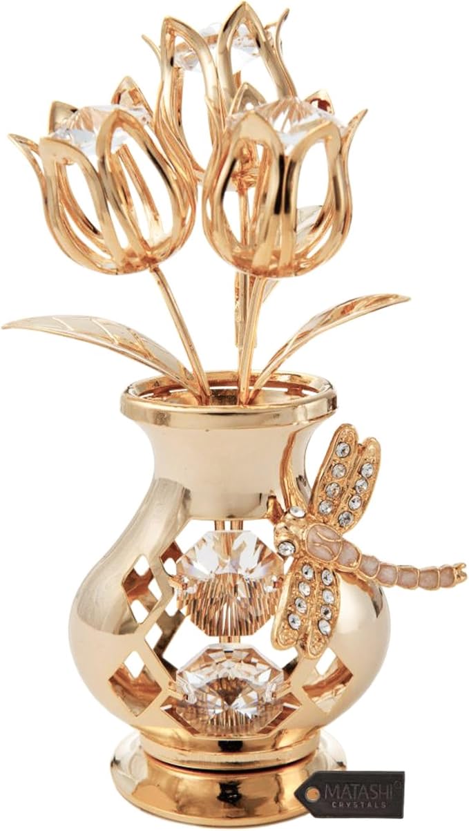 Matashi 24K Gold Plated Crystal Flower Vase with Dragonfly Figurine – Beautiful Home Décor – Ideal Christmas, Valentine’s for Women, Mom, or Friends