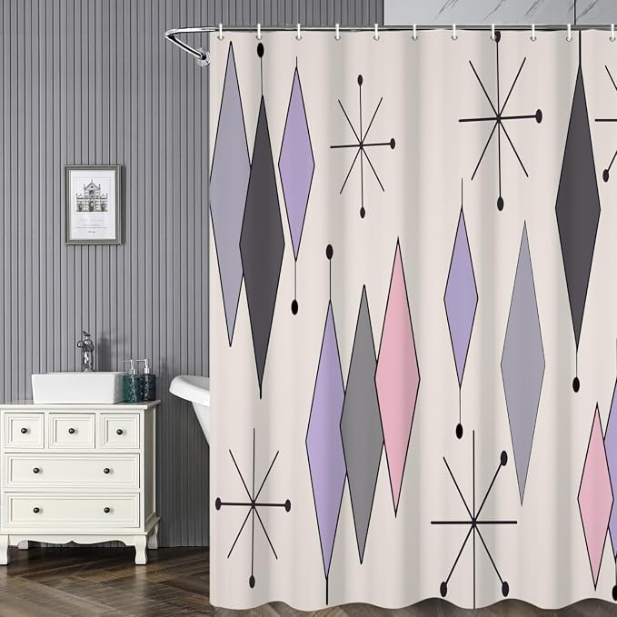 Boho Mid Century Shower Curtain Abstract Purple Grey Pink Diamond Geometric Atomic Starburst Pattern Beige for 1950s Retro Bathroom Decor Shower Curtain Set with 12 Hooks, 48x72 Inches