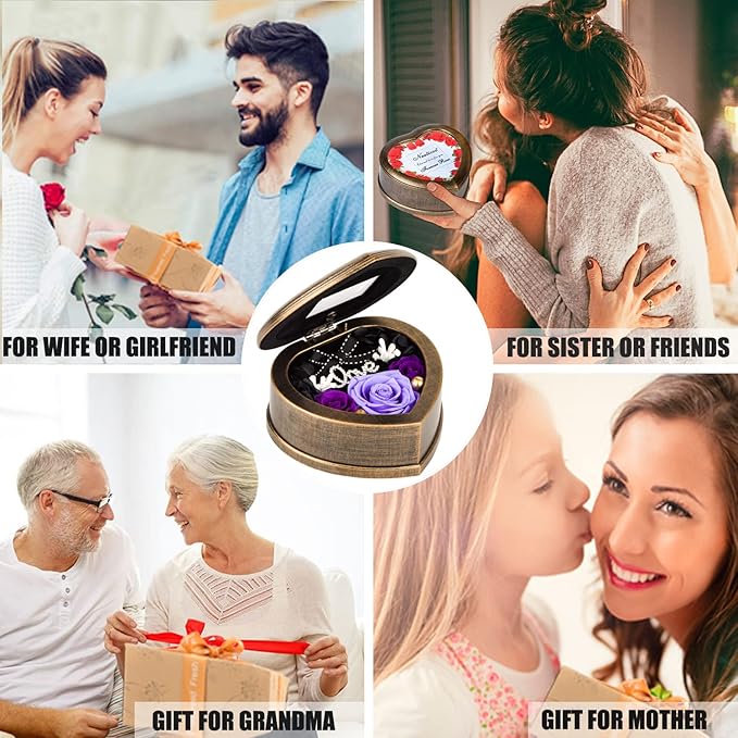 Handmade Preserved Flower Real Purple Rose in Musical Box with Photo Frame, Mother's Day Long Lasting Real Flower Gifts for Her Women Wife on Valentine's Day Birthday or Anniversary -Purple
