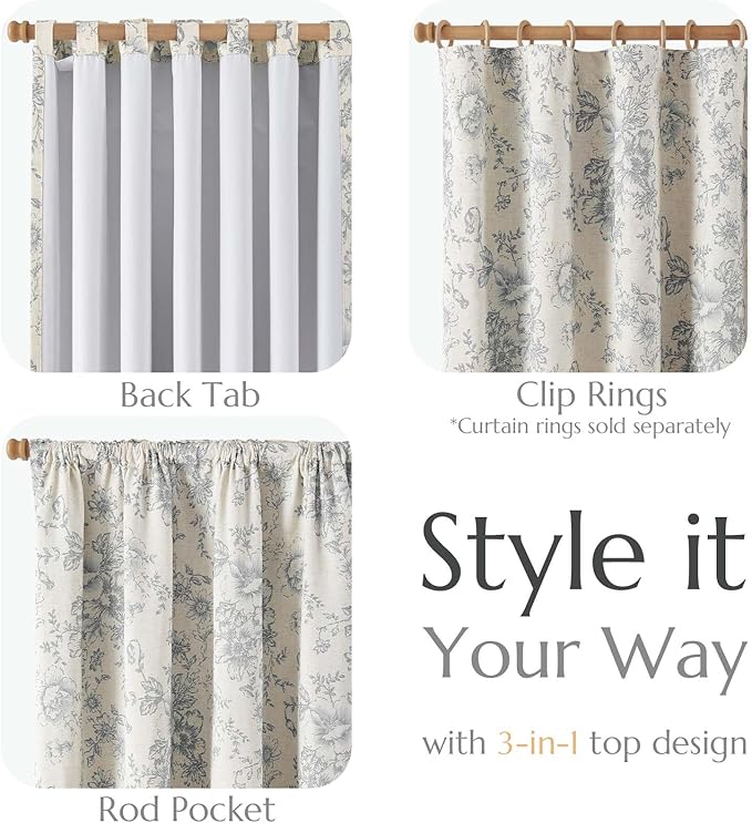 jinchan Blackout Linen Blend Curtain Gray Floral Blackout Curtains for Living Room 96 Inch Length Grey Printed with Lined Blackout Curtain for Bedroom Farmhouse Curtains Set 2 Panels