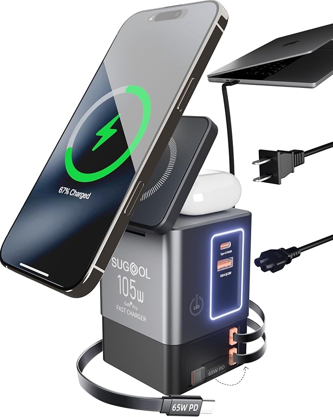 SUGOOL Retractable Charger with Wall Plug, 105W GaN 6-in-1 Charging Station with Magnetic Pad – MagSafe Compatible USB-C/Type-C Fast Charging Charger for iPhone, AirPods, MacBook