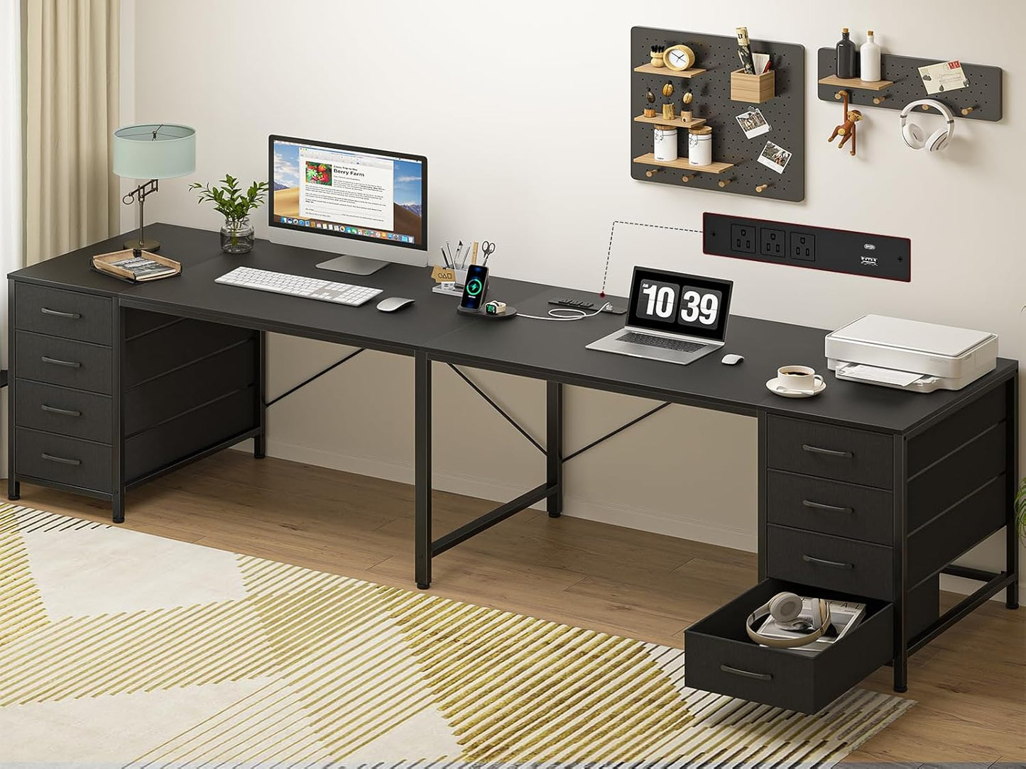 TVU 95 | Large 2-Person Writing Desk with 8 Drawers & Outlets - I-Shaped Home Office Workstation