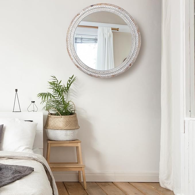 24'' Round Wall Mounted Mirror, Wood Decorative Circle Mirrors, Boho Mirrors with Beaded Frame, Rustic Vanity Mirror, Distressed Mirror for Bathroom, Living Room, Bedroom, Entryway