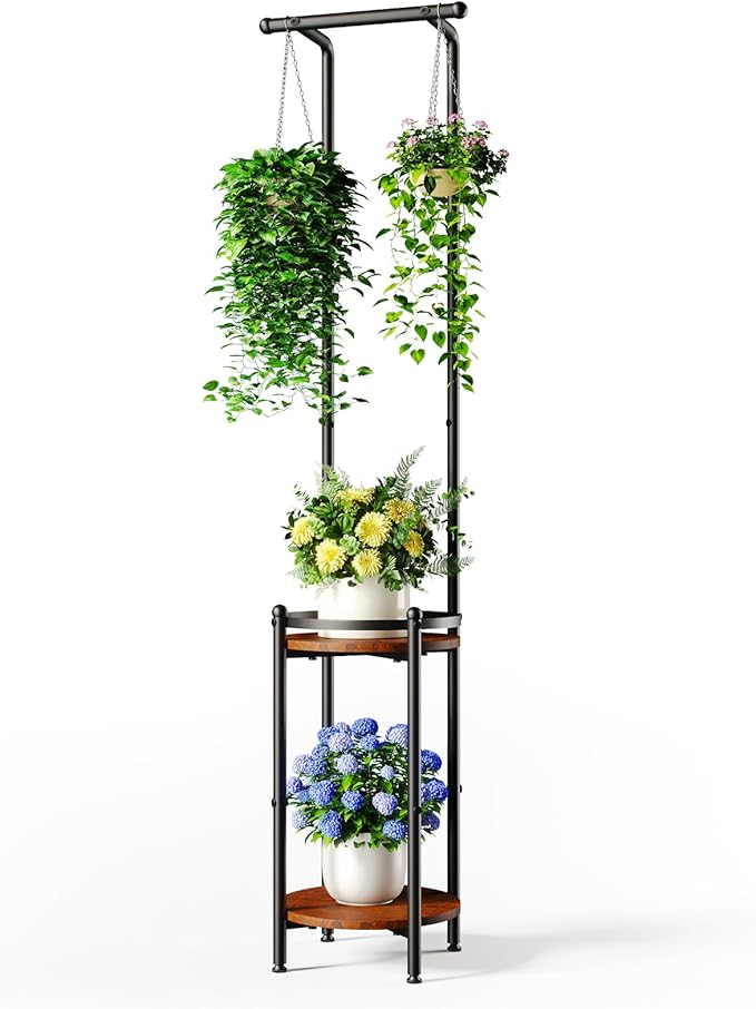 Homsorout Plant Stand Indoor Outdoor - Heavy Duty Metal 2-tier Hanging Plant Holder Space-Saving Iron Plant Stands Tall Plant Shelf for Living Room Garden Balcony（Rustic Brown and Black）