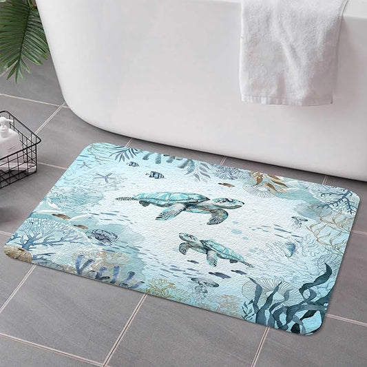 Sea Turtle Bath Rugs for Bathroom, Teal Blue Ocean Beach Coastal Funny Animal Nautical Starfish Fish Non Slip Flannel Bathroom Rug, Dry Fast Water Absorbent Bath Mats, 17x29 Inch