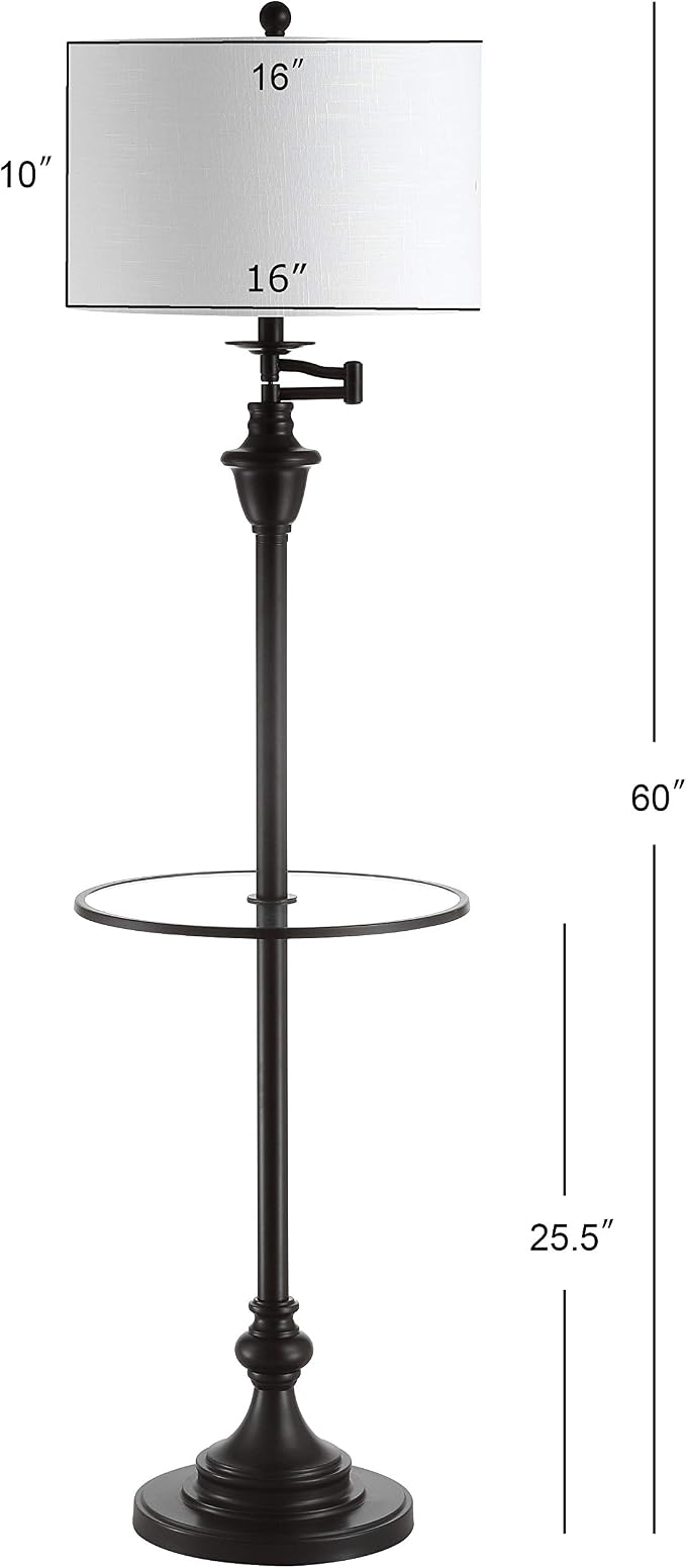JONATHAN Y 60" Oil Rubbed Bronze Floor Lamp with Integrated Glass Side Table, Modern Swing Arm Standing Lamp for Living Room, White Linen Shade, LED Bulb Included (JYL3055C)