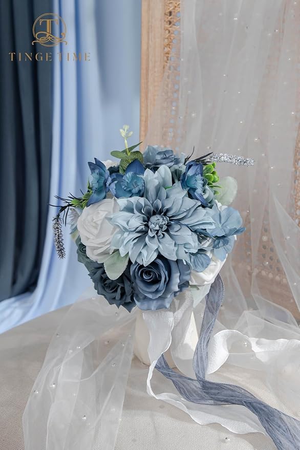TINGE TIME 9 inch Bridal Bouquets for Bride, Artificial Silk Flowers Tossing Bouquet, Bride Bouquets for Wedding, Ceremony, Anniversary(Dustyblue)