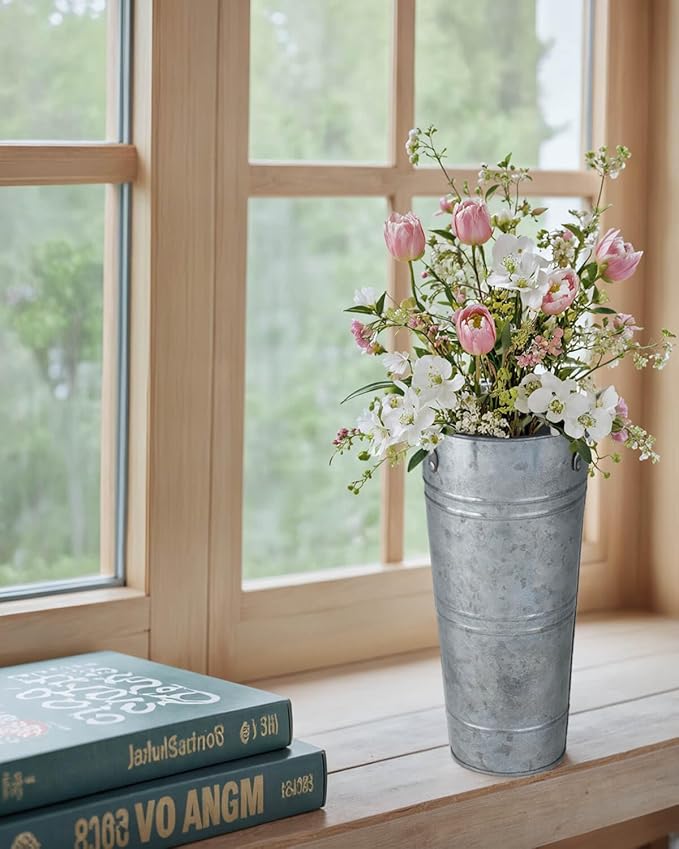 9 Inch Galvanized Metal Vases for Flowers - 6 Pcs Farmhouse Decorative Tall Flower Bucket with Handles, Rustic French Tin Planter Buckets for Wedding Decor (Silver)