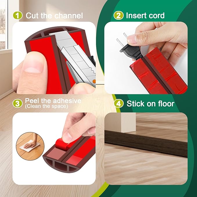 Floor Cord Cover Cable Cavity Self Adhesive Hider - Electric Cord Covers for Living Rooms, Offices - Cable Cover Protector (Black Wood, 1.18" x 10')