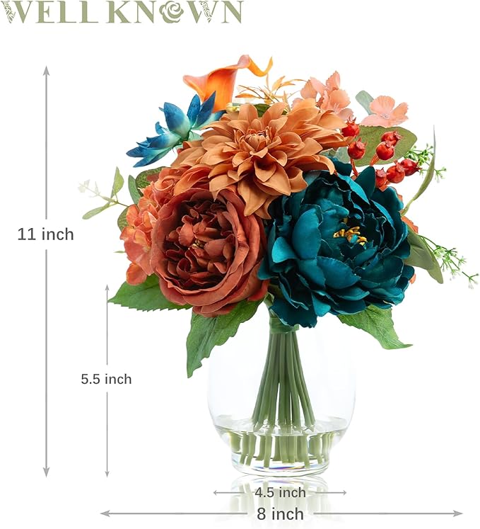 Artificial Flowers in Vase with Fake Water, Faux Silk Peony Dahlia Bouquet, Teal Burnt Orange Flowers Arrangement for Dining Table Centerpiece Wedding Chritmas Party Winter Home Decor & Birthday Gift