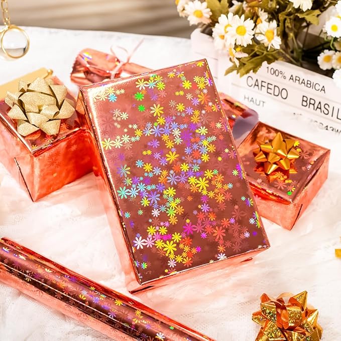 Yarcony Rose Gold Wrapping Paper Roll, Holographic Floral Gift Wrapping Paper - 17 Inch x 33 Feet - Shiny Iridescent Flower Design Thick Gift Wrap for Girl Birthday, Wedding, Mother's Day, Christmas