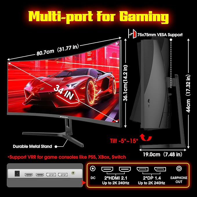 SANSUI 34 Inch 240Hz Ultrawide Curved Gaming Monitor UWQHD 3440×1440, 21:9 2K Curved Monitor 1500R,HDR400,Fast VA, PIP/PBP,AI Crosshair,AIPQ(Visual Enhance),MPRT 1ms,HDMI2.1*2,DP1.4*2(DP Cable Incl.)