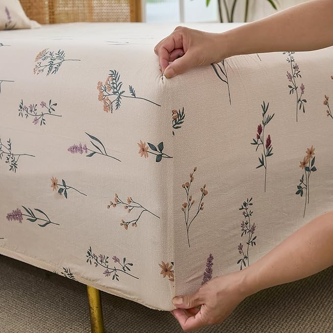 Cream Floral Sheets Set King Size 100% Cotton, 4 Pieces, Soft & Breathable Percale Weave Bedding, Deep Pocket 17.5", Crisp Cool Feeling, Durable, Perfect Cute Floral Bed Sheet
