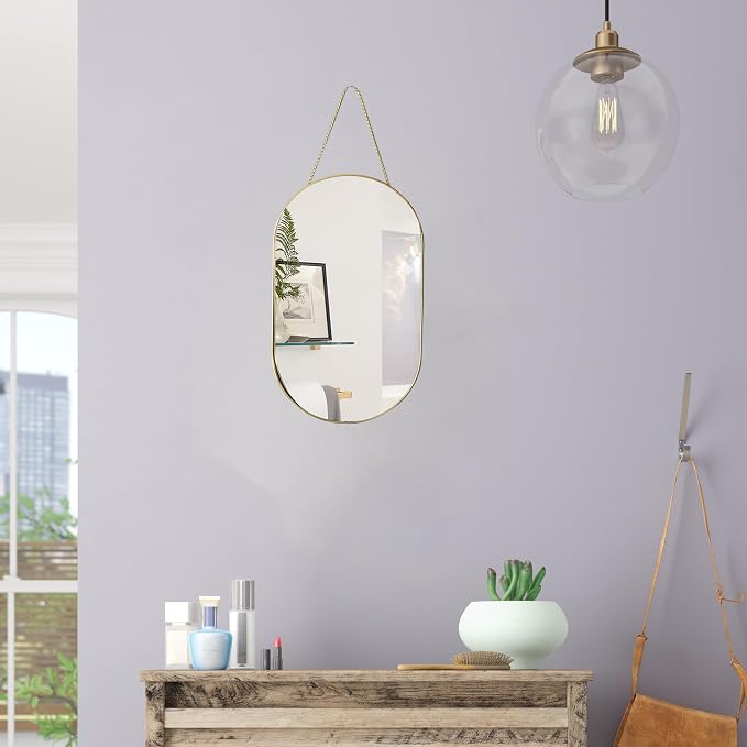 Oval Wall Mirror with Lanyard, High Definition Bathroom Mirror for Bathroom, Hallway, Living Room (Gold, 11.61x18.9inch)